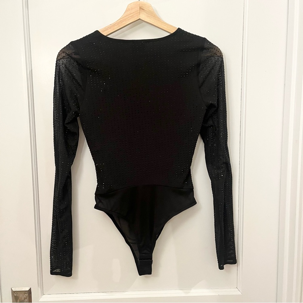 OW Collection Black Sparkly Rhinestone Studded Mesh Cutout Bodysuit - Picture 2 of 9